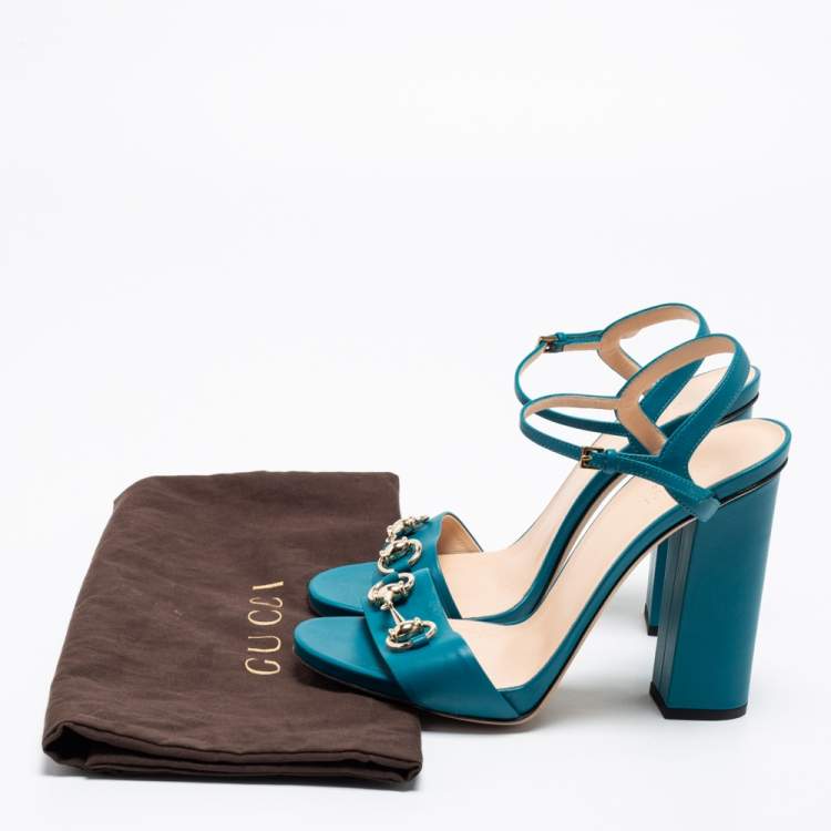 مملوكة مسبقًا Gucci Blue Turquoise Leather Horsebit Block Heel Ankle-Strap Sandals Size 39
