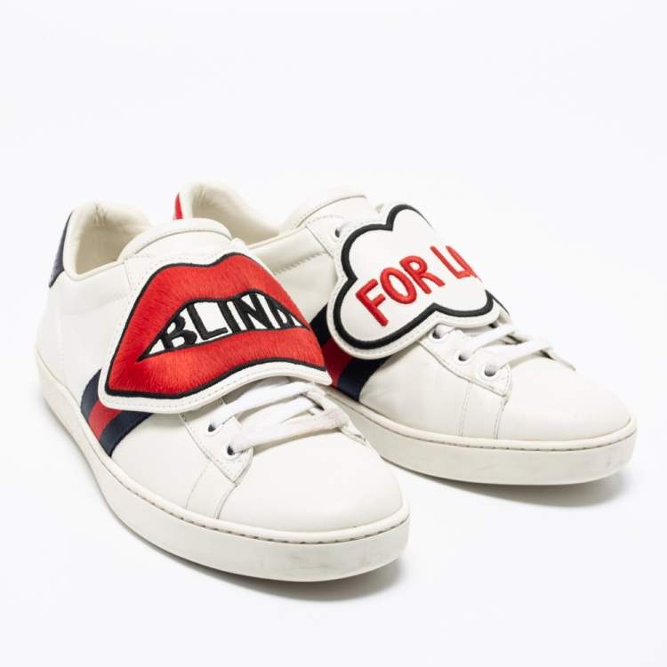 Pre Owned Gucci White Leather 'Blind For Love' Ace Low-Top Sneakers Size 38