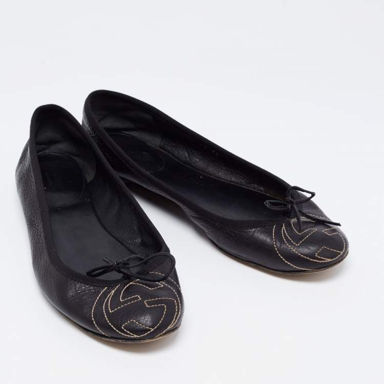 Pre Owned Gucci Black Leather GG Interlocking Bow Ballet Flats Size 38