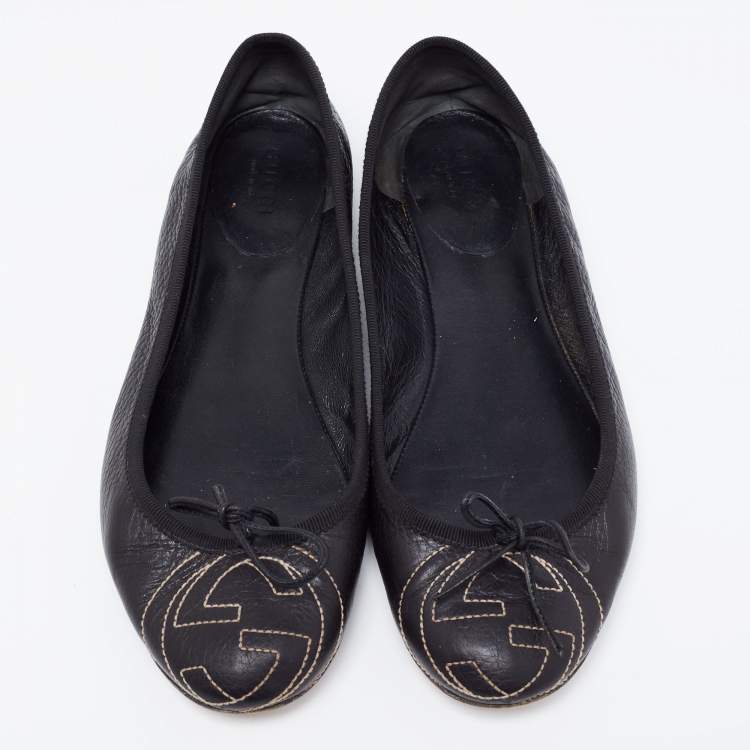 Pre Owned Gucci Black Leather GG Interlocking Bow Ballet Flats Size 38