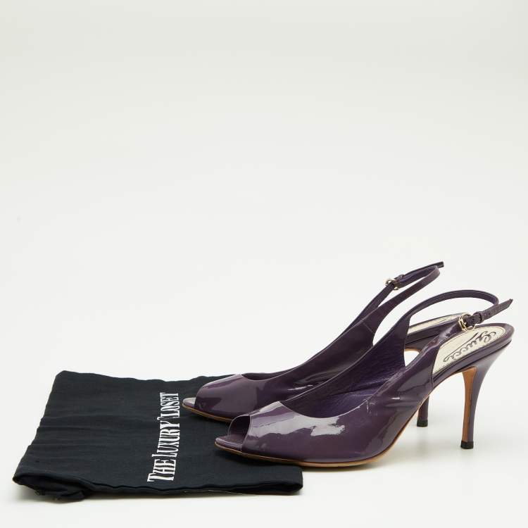 Pre Owned Gucci Purple Patent Leather Peep-Toe Slingback Sandals Size 38.5