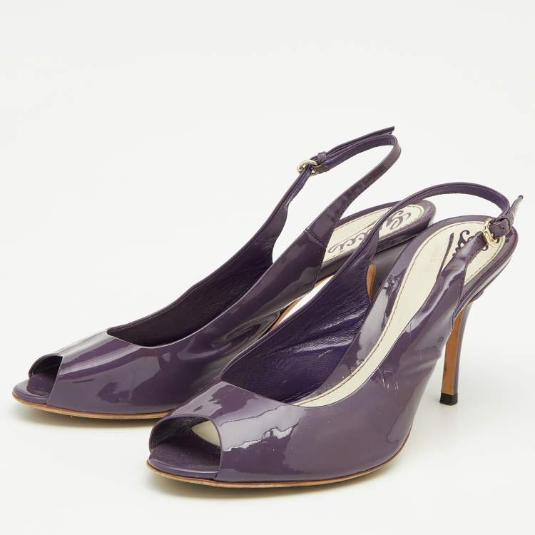 Pre Owned Gucci Purple Patent Leather Peep-Toe Slingback Sandals Size 38.5
