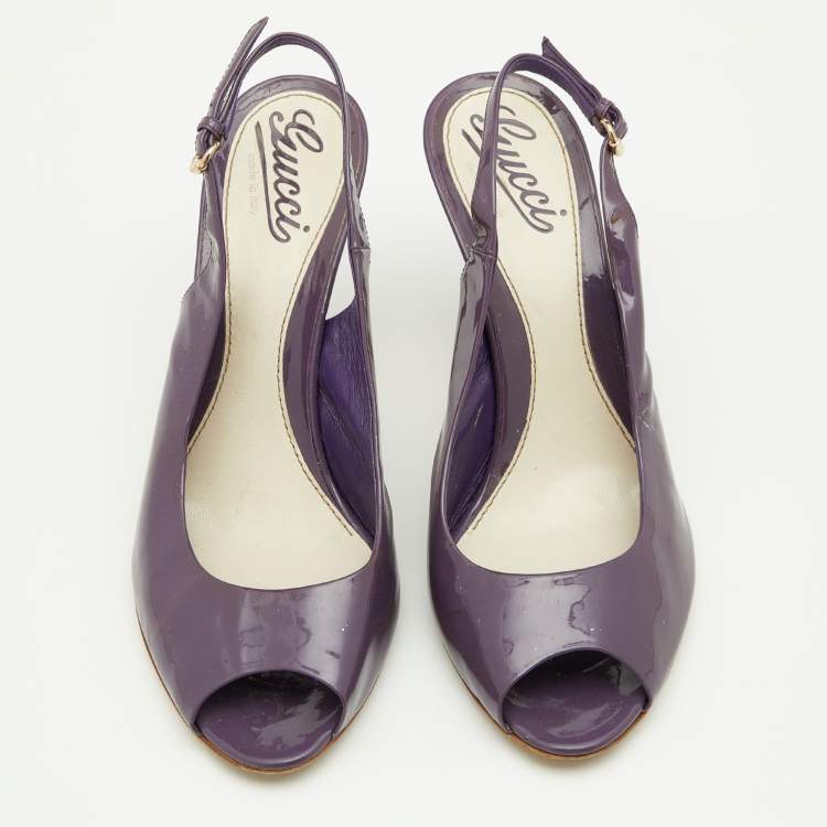 Pre Owned Gucci Purple Patent Leather Peep-Toe Slingback Sandals Size 38.5