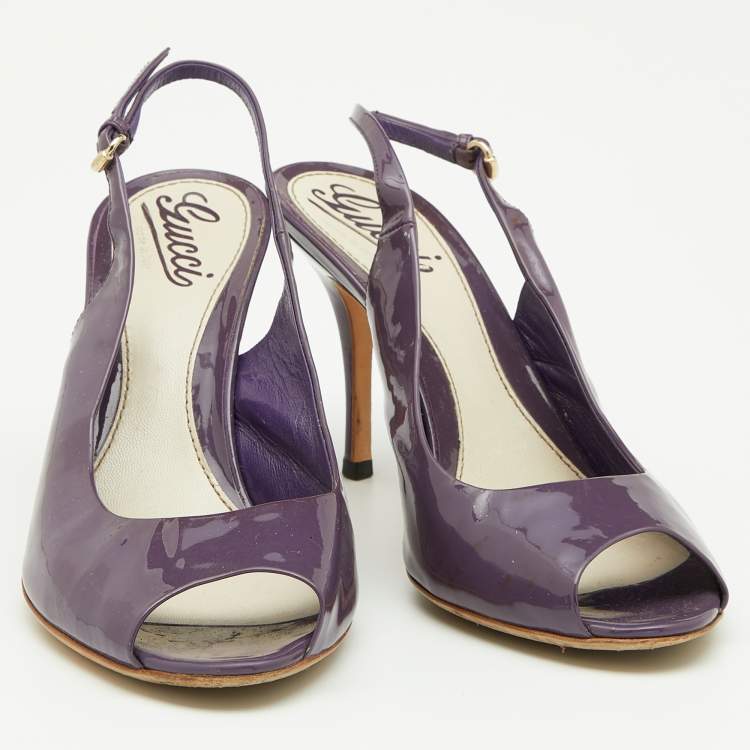 Pre Owned Gucci Purple Patent Leather Peep-Toe Slingback Sandals Size 38.5