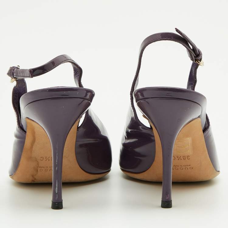 Pre Owned Gucci Purple Patent Leather Peep-Toe Slingback Sandals Size 38.5