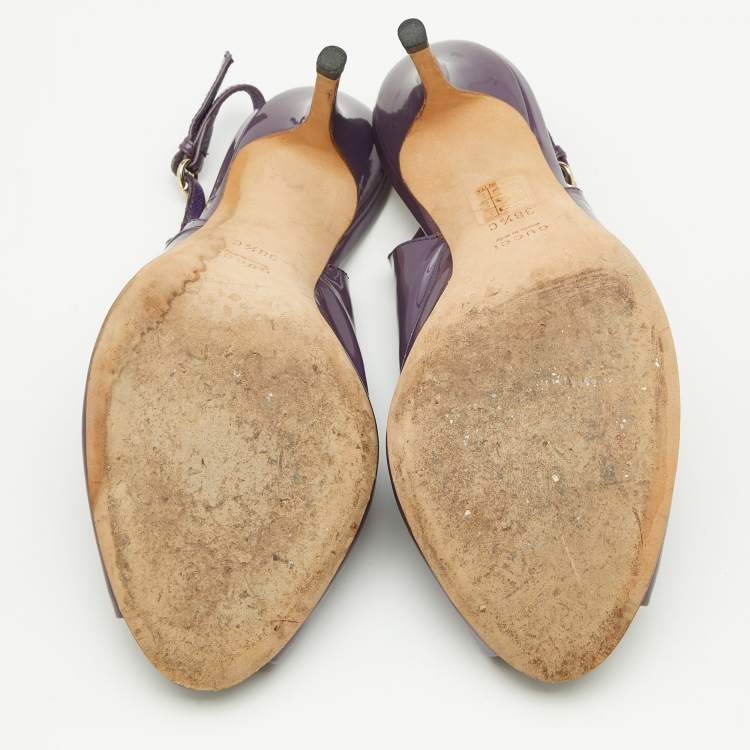 Pre Owned Gucci Purple Patent Leather Peep-Toe Slingback Sandals Size 38.5