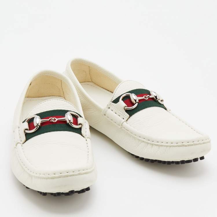 Pre Owned Gucci White Leather Web Horsebit Slip On Loafers Size 36.5