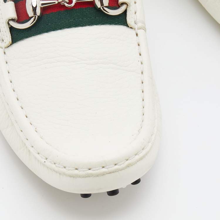 Pre Owned Gucci White Leather Web Horsebit Slip On Loafers Size 36.5
