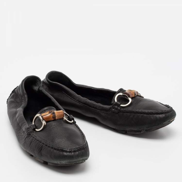 Pre Owned Gucci Black Leather Bamboo Horsebit Loafers Size 36.5