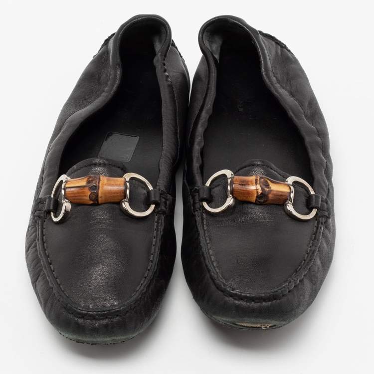 Pre Owned Gucci Black Leather Bamboo Horsebit Loafers Size 36.5