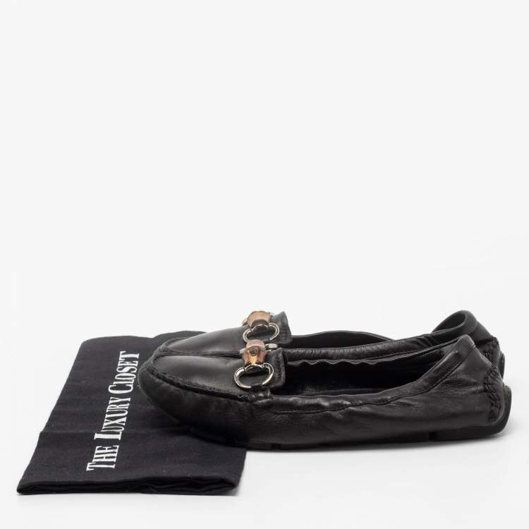 Pre Owned Gucci Black Leather Bamboo Horsebit Loafers Size 36.5