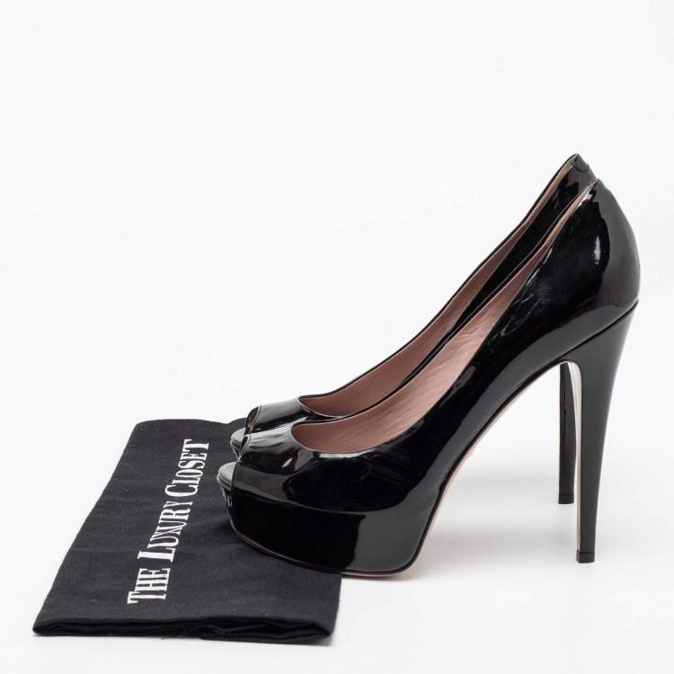 Pre Owned Gucci Black Patent Leather Peep-Toe Platform Pumps Size 39