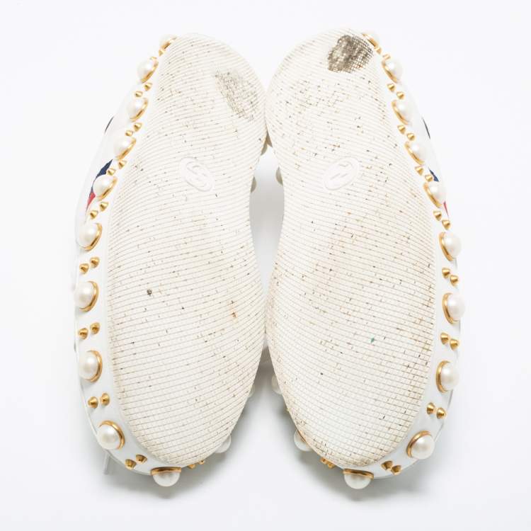 مملوكة مسبقًا Gucci White Leather Faux Pearl Embellished Platform New Ace Low-Top Sneakers Size 38.5