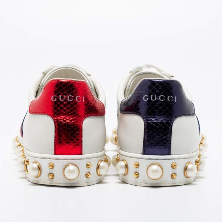 مملوكة مسبقًا Gucci White Leather Faux Pearl Embellished Platform New Ace Low-Top Sneakers Size 38.5