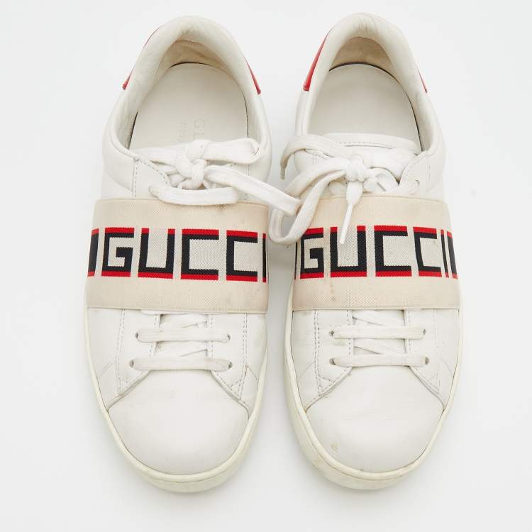 Pre Owned Gucci White/Red Leather New Ace Logo Strap Sneaker Size 35.5