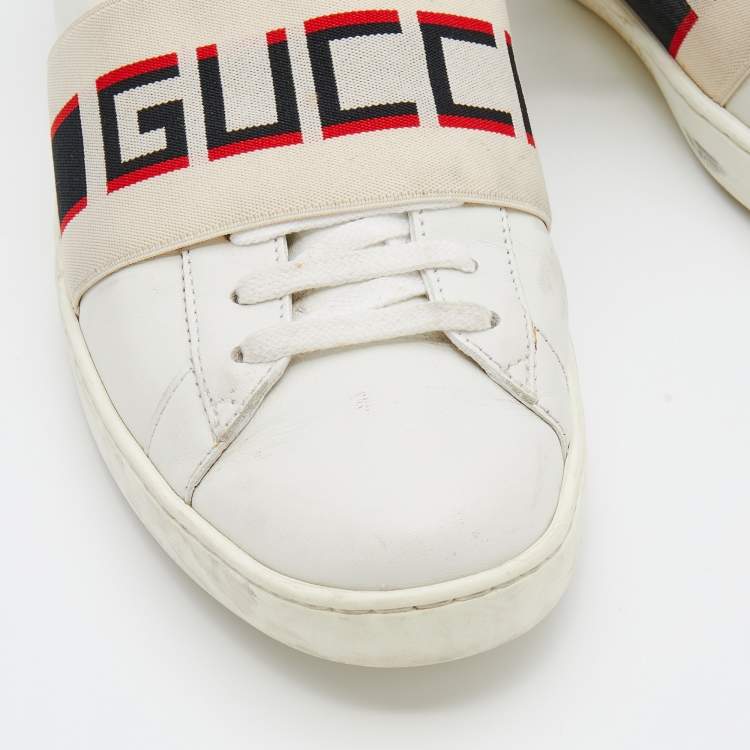 Pre Owned Gucci White/Red Leather New Ace Logo Strap Sneaker Size 35.5