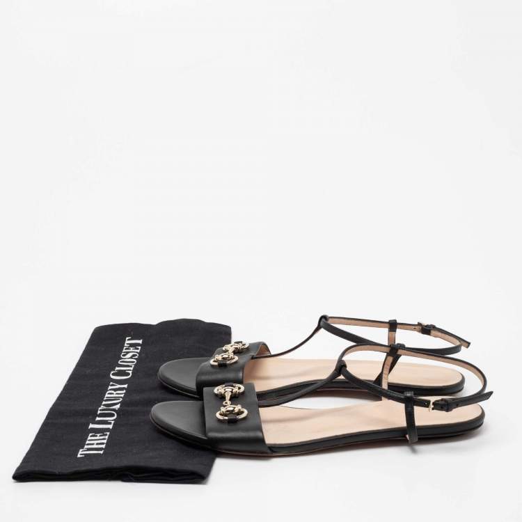 Pre Owned Gucci Black Leather Horsebit T-Strap Flat Sandals Size 38.5