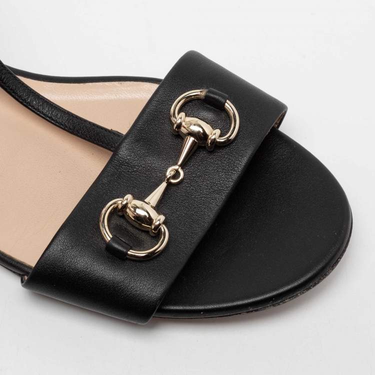 Pre Owned Gucci Black Leather Horsebit T-Strap Flat Sandals Size 38.5