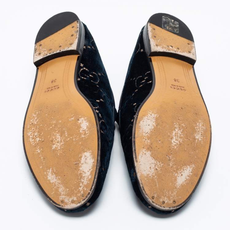 Pre Owned Gucci Blue GG Velvet Horsebit Jordaan Slip On Loafers Size 38