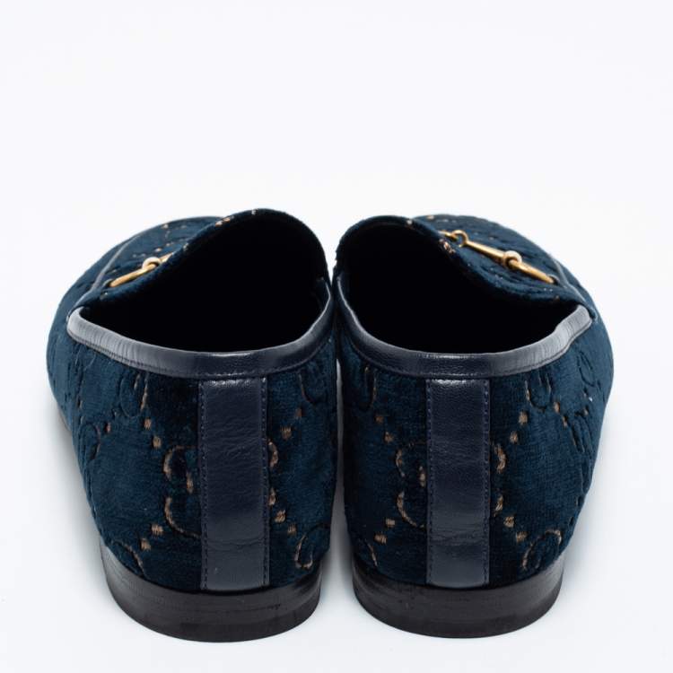 Pre Owned Gucci Blue GG Velvet Horsebit Jordaan Slip On Loafers Size 38