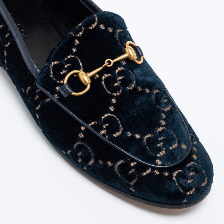 Pre Owned Gucci Blue GG Velvet Horsebit Jordaan Slip On Loafers Size 38