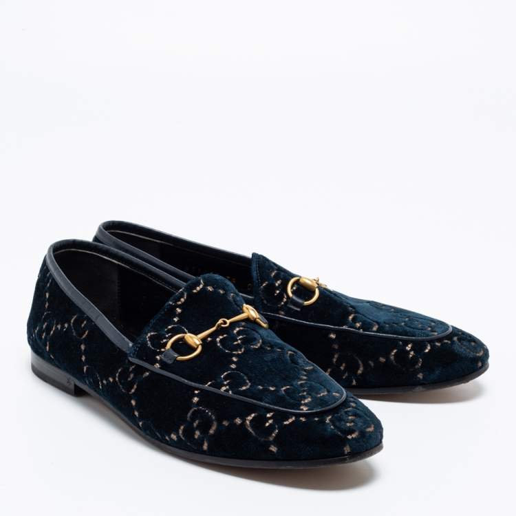 Pre Owned Gucci Blue GG Velvet Horsebit Jordaan Slip On Loafers Size 38