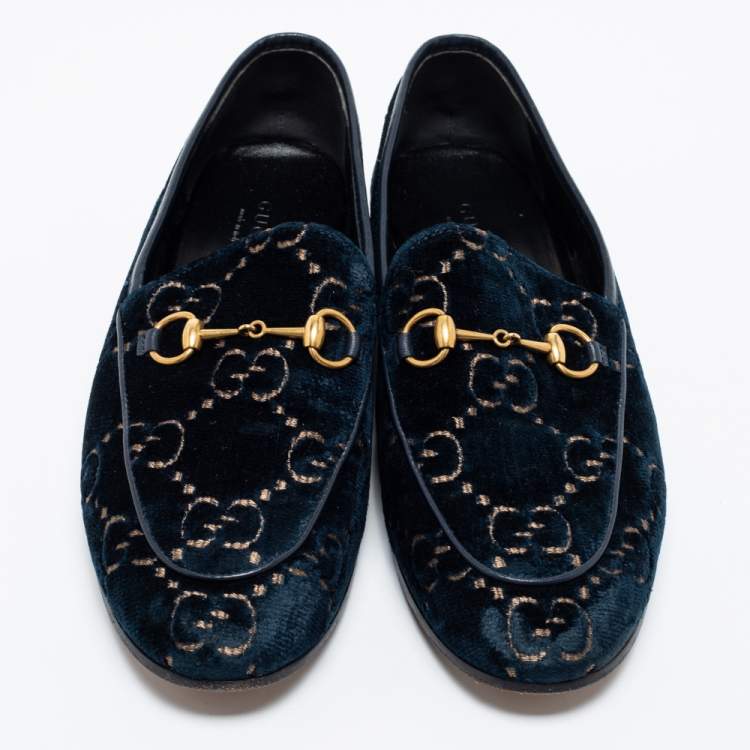 Pre Owned Gucci Blue GG Velvet Horsebit Jordaan Slip On Loafers Size 38