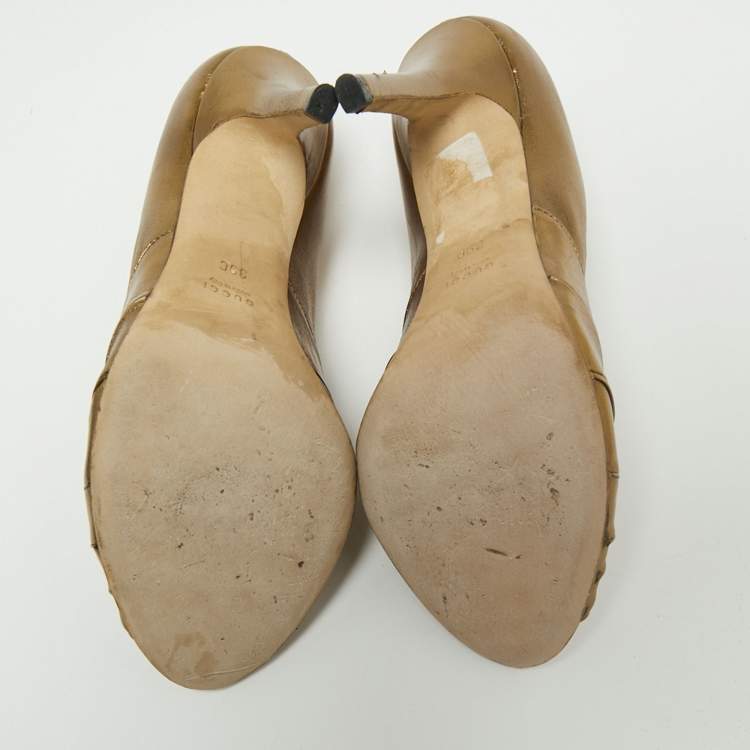 Pre Owned Gucci Metallic Bronze Leather Knot Peep Toe Pumps Size 39