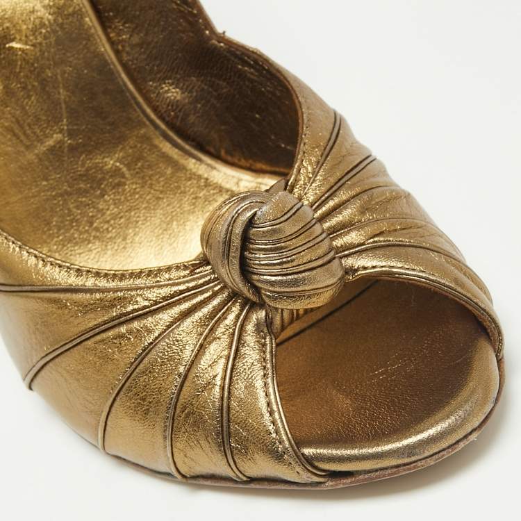 Pre Owned Gucci Metallic Bronze Leather Knot Peep Toe Pumps Size 39