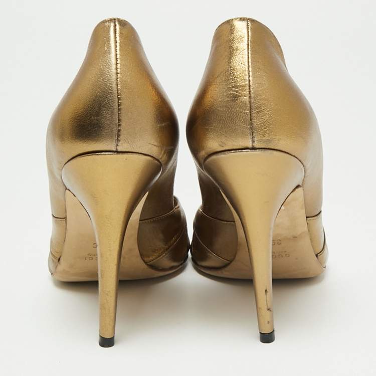 Pre Owned Gucci Metallic Bronze Leather Knot Peep Toe Pumps Size 39