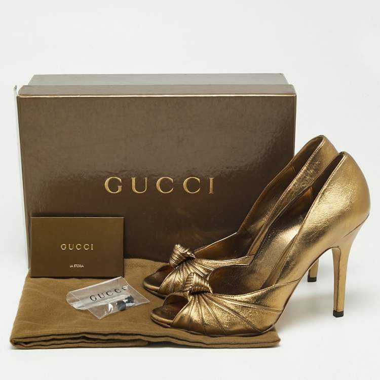 Pre Owned Gucci Metallic Bronze Leather Knot Peep Toe Pumps Size 39
