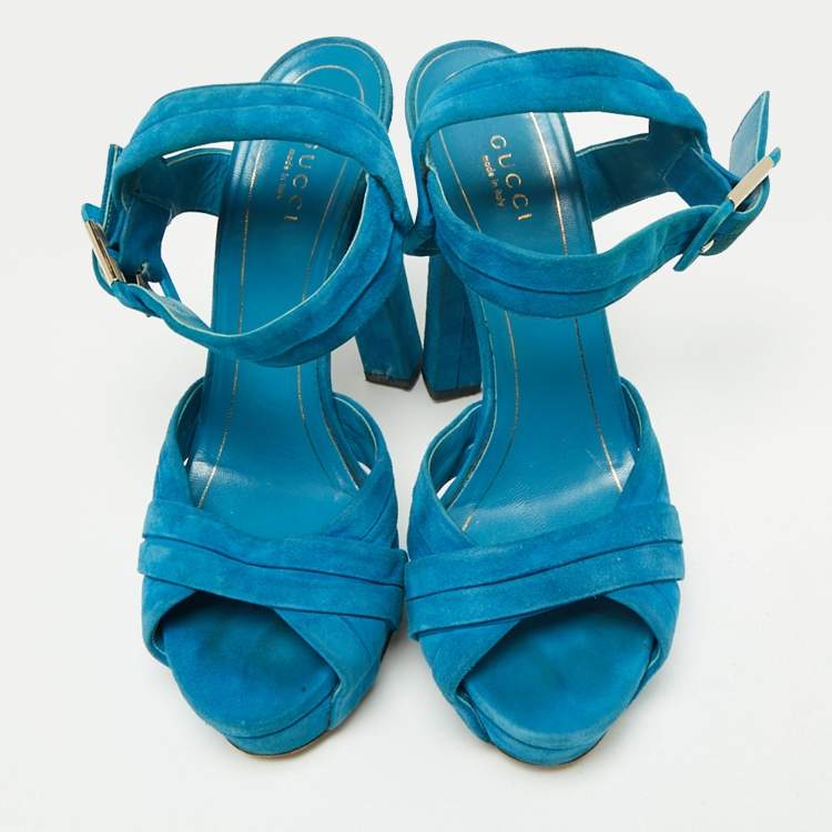Pre Owned Gucci Blue Suede Ankle-Strap Platform Sandals Size 38