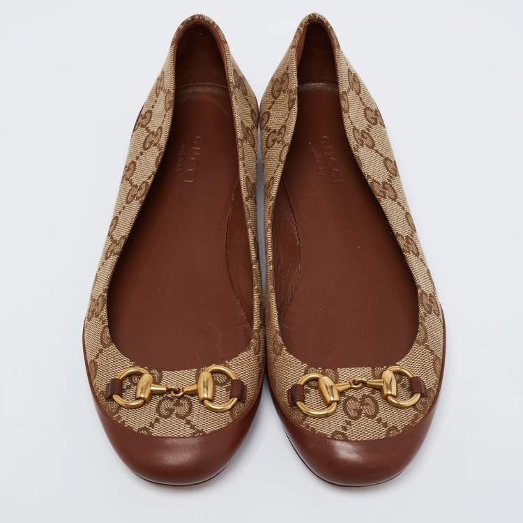 Pre Owned Gucci Brown/Beige Leather and GG Canvas Horsebit Ballet Flats Size 35