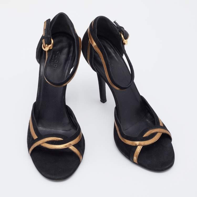 Pre Owned Gucci Black/Gold Suede And Leather Ankle Strap Sandals Size 38.5