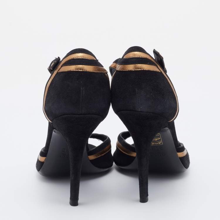 Pre Owned Gucci Black/Gold Suede And Leather Ankle Strap Sandals Size 38.5