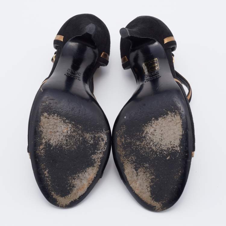 Pre Owned Gucci Black/Gold Suede And Leather Ankle Strap Sandals Size 38.5
