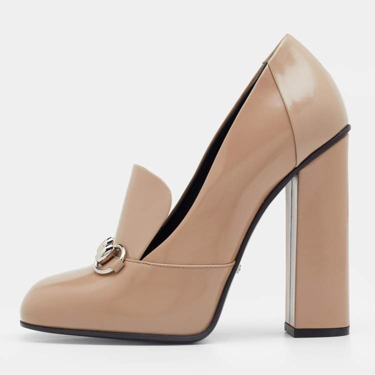 Pre Owned Gucci Beige Patent Leather Horsebit Block Heel Pumps Size 38.5