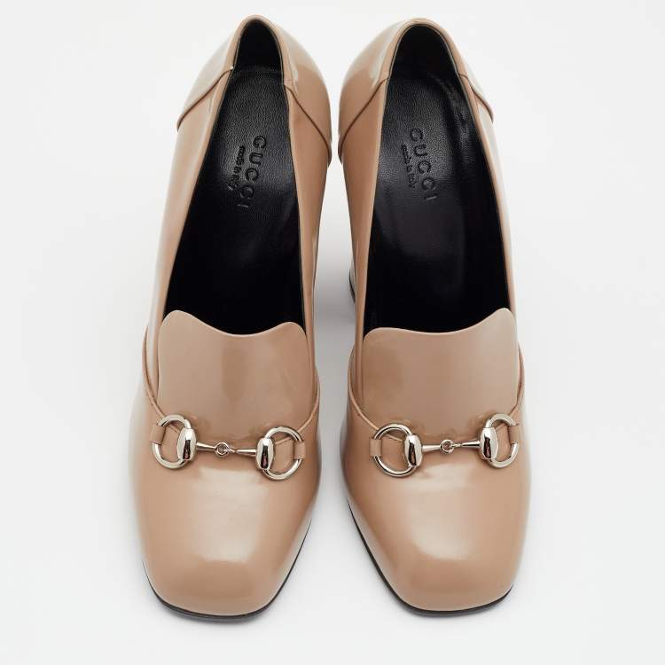 Pre Owned Gucci Beige Patent Leather Horsebit Block Heel Pumps Size 38.5