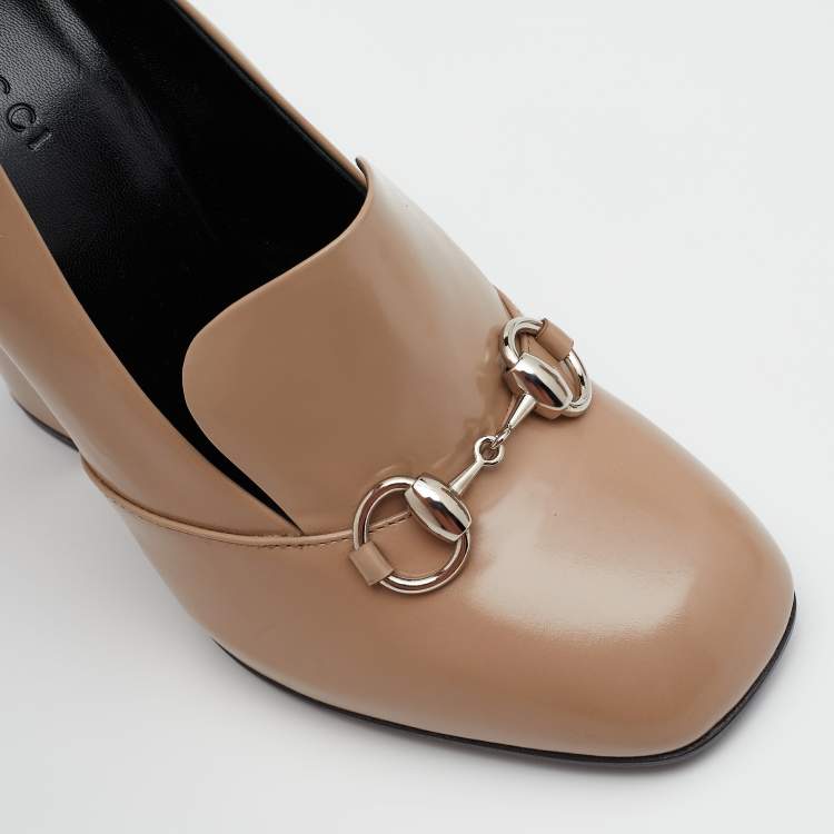 Pre Owned Gucci Beige Patent Leather Horsebit Block Heel Pumps Size 38.5
