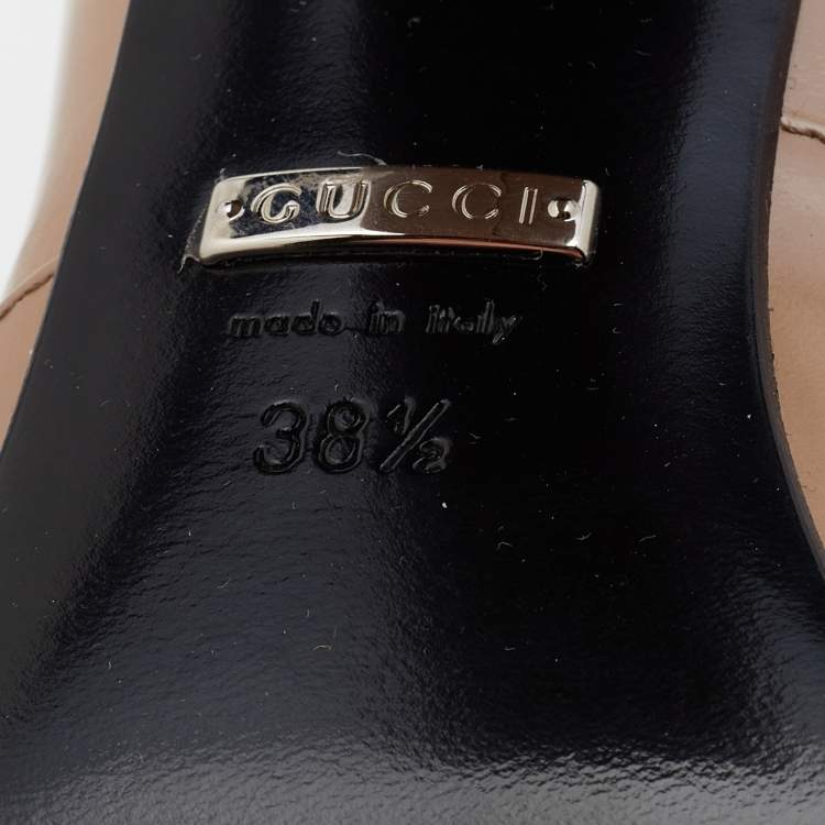 Pre Owned Gucci Beige Patent Leather Horsebit Block Heel Pumps Size 38.5