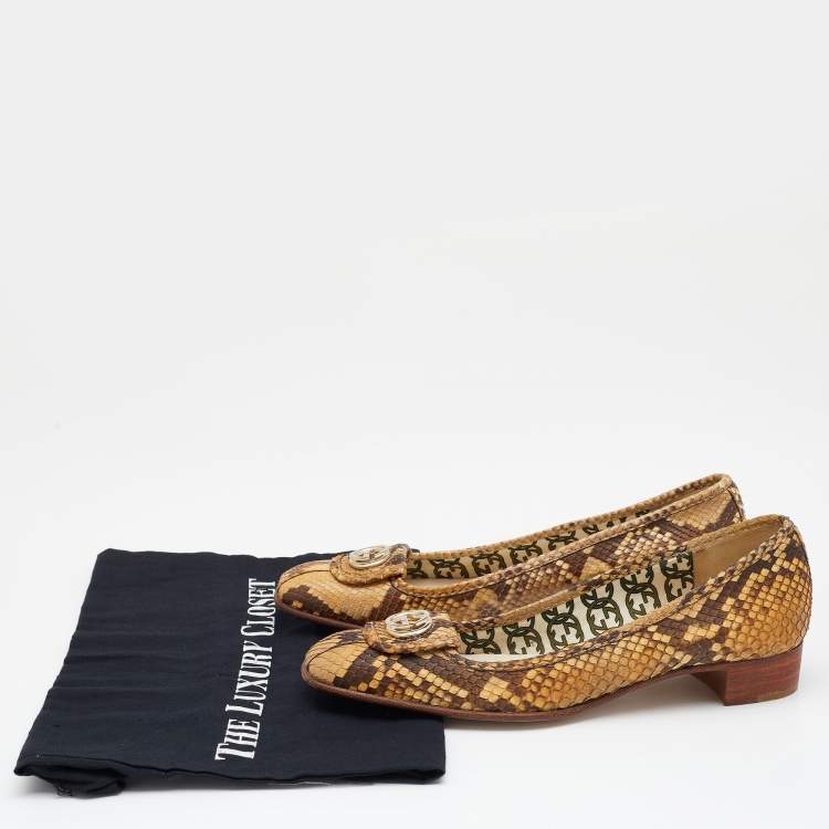 Pre Owned Gucci Beige/Brown Snakeskin Leather Interlocking G Ballet Flats Size 37