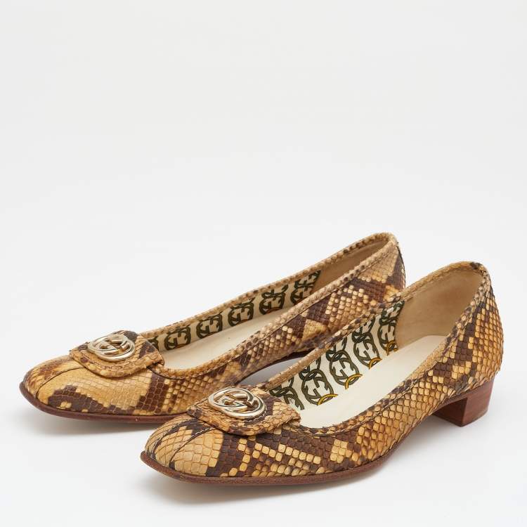 Pre Owned Gucci Beige/Brown Snakeskin Leather Interlocking G Ballet Flats Size 37