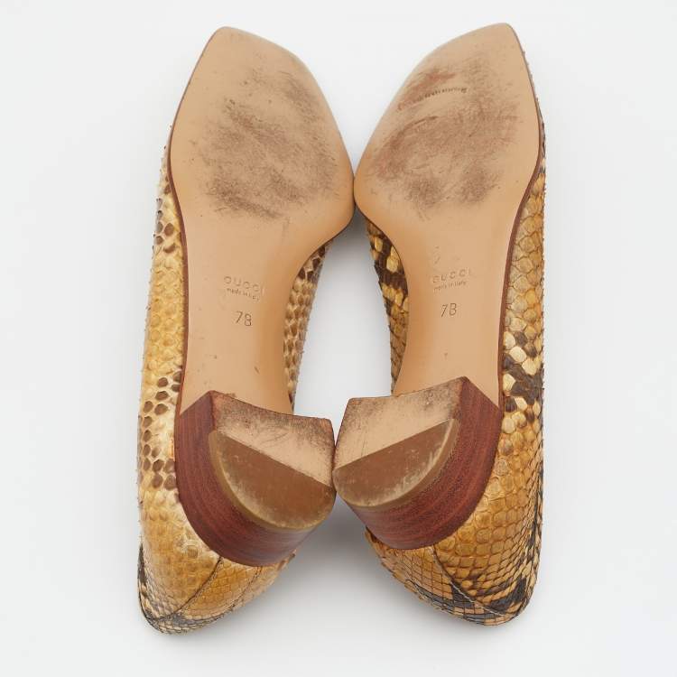 Pre Owned Gucci Beige/Brown Snakeskin Leather Interlocking G Ballet Flats Size 37