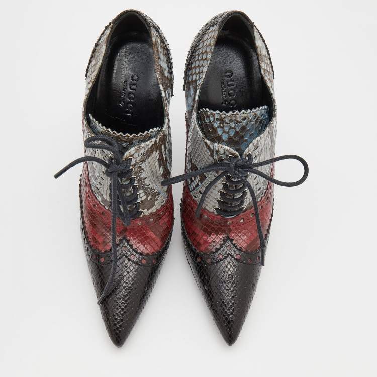 Pre Owned Gucci Tricolor Brogue Python Leather Gia Pointed Toe Lace Up Ankle Booties Size 35