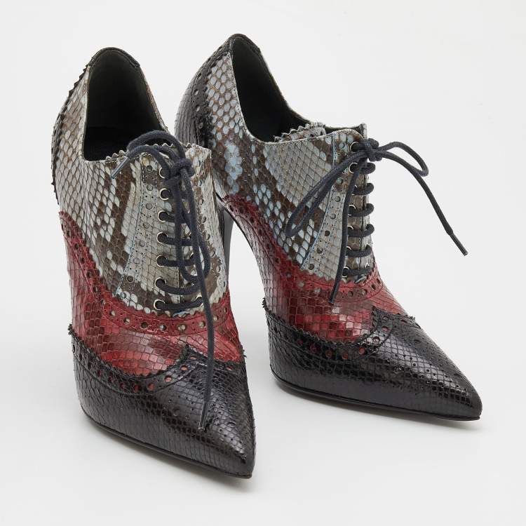 Pre Owned Gucci Tricolor Brogue Python Leather Gia Pointed Toe Lace Up Ankle Booties Size 35
