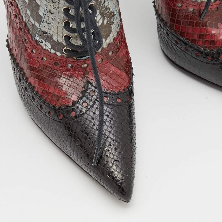 Pre Owned Gucci Tricolor Brogue Python Leather Gia Pointed Toe Lace Up Ankle Booties Size 35