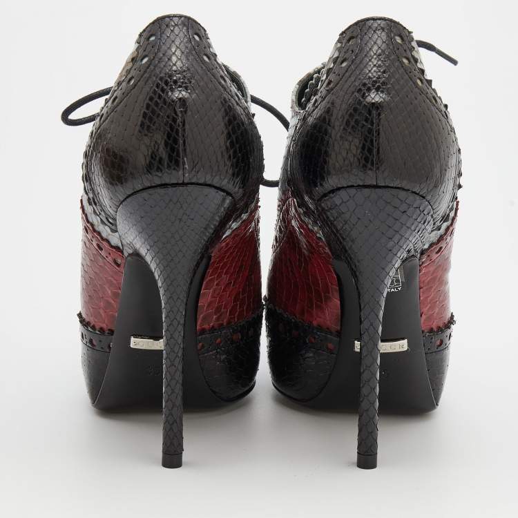 Pre Owned Gucci Tricolor Brogue Python Leather Gia Pointed Toe Lace Up Ankle Booties Size 35