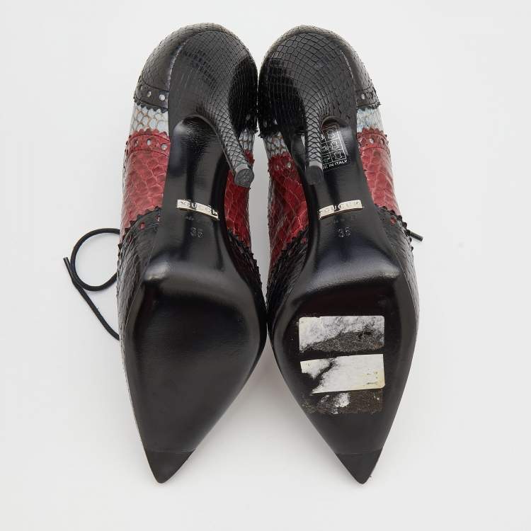 Pre Owned Gucci Tricolor Brogue Python Leather Gia Pointed Toe Lace Up Ankle Booties Size 35