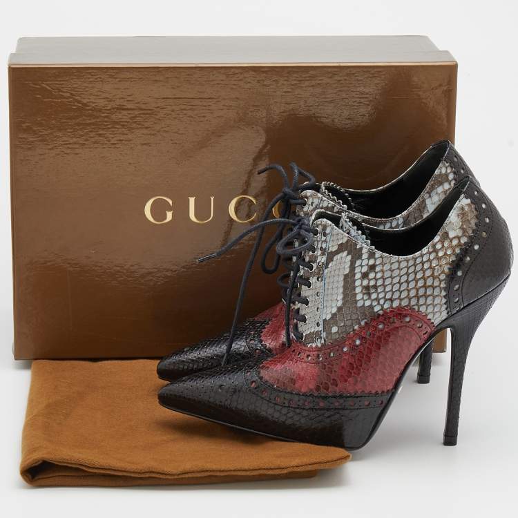 Pre Owned Gucci Tricolor Brogue Python Leather Gia Pointed Toe Lace Up Ankle Booties Size 35