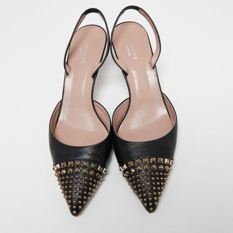Pre Owned Gucci Black Leather Studded Pointed Toe Slingback Pumps Size 39.5